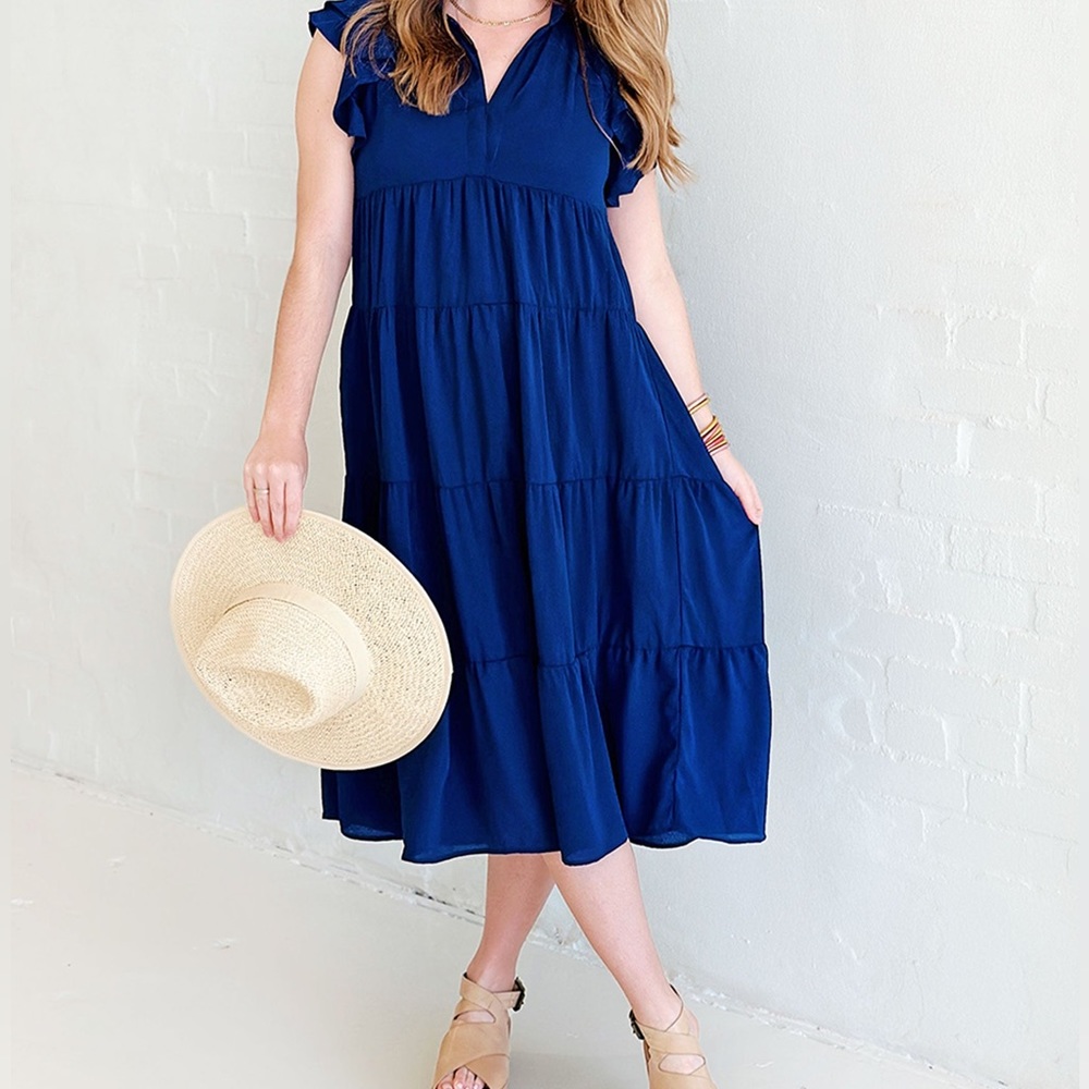 Entro Navy Tiered Midi Dress